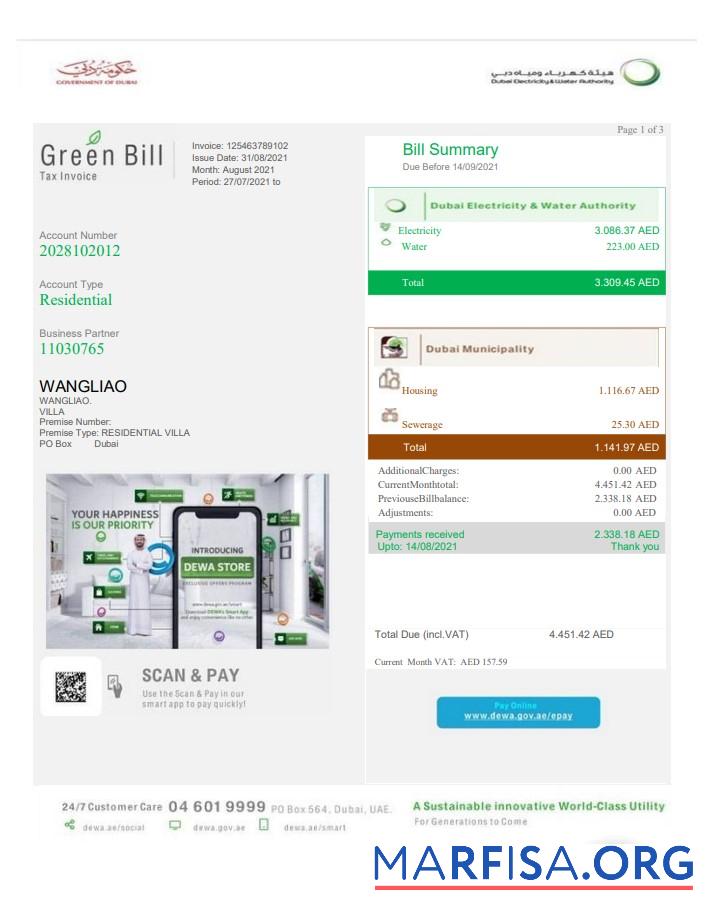 Blank United Arab Emirates Dubai Green utility bill template in Word and PDF format, fully editable